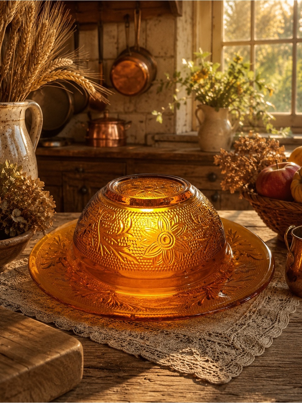 Vintage Tiara Glass Amber Berry Bowl Fairy Lamp | Floral Pressed Glass | Cottage